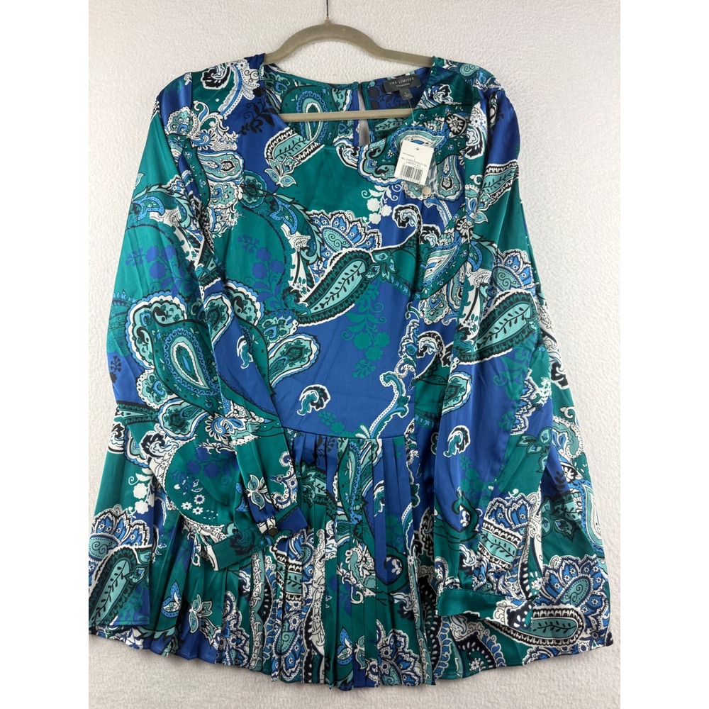The Limited Collection Womens Blue Green Paisley Pleated Peplum Blouse Large NWT